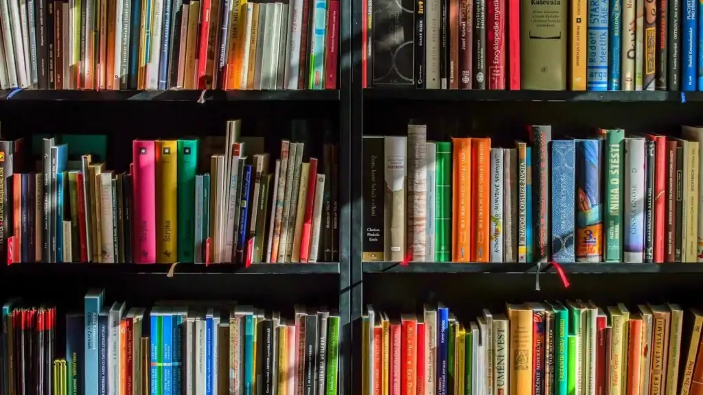 A close-up view of multiple bookshelves filled with a diverse collection of colorful books, suggesting a focus on education or knowledge.