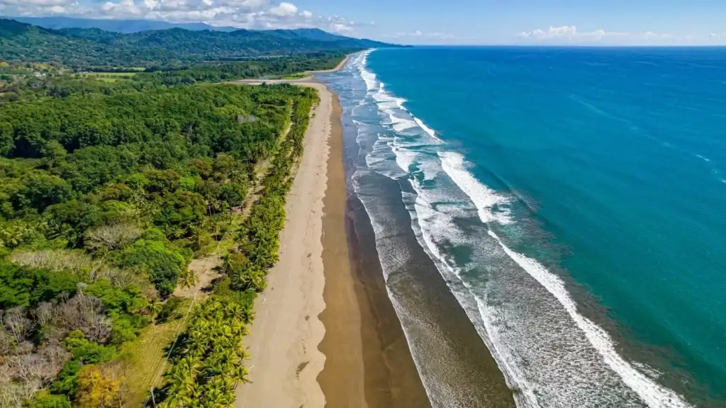 A breathtaking aerial view of a long, pristine sandy beach along the Southern Pacific coast of Costa Rica, bordered by lush green tropical forest and the deep blue ocean with crashing waves.