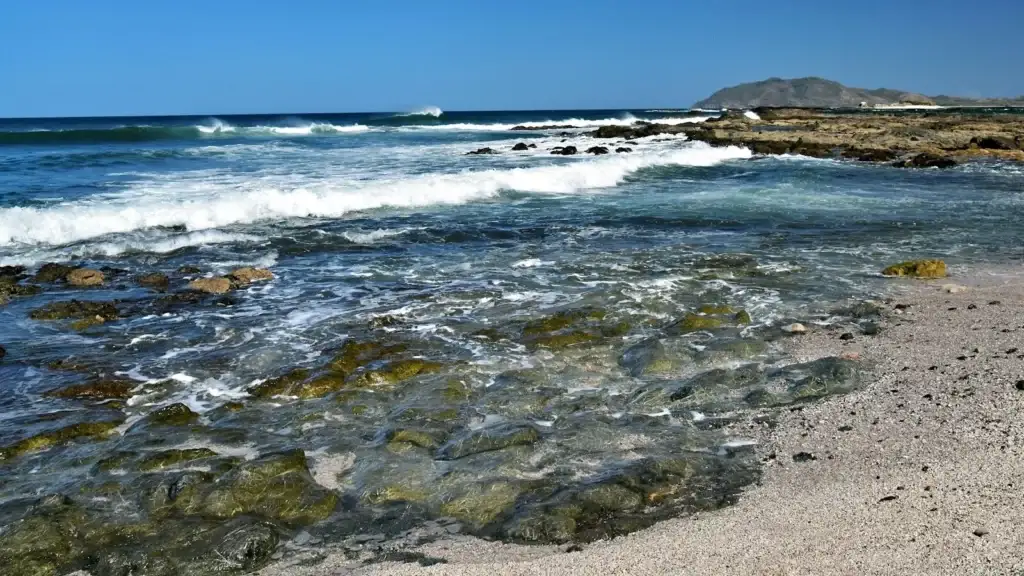 A rugged and picturesque beach scene with waves crashing against rocky shores, under a bright blue sky.