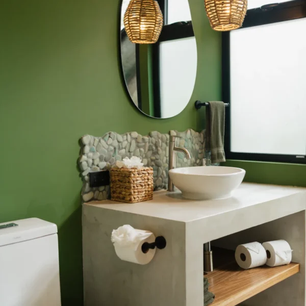 Designer bathroom at Manuel Antonio Tree House Villa with modern fixtures and tropical-inspired finishes.