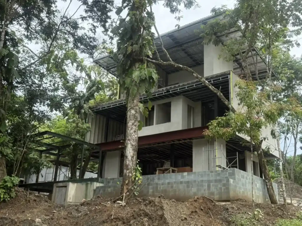 Steel framing and concrete plunge pool base construction at Manuel Antonio Tree House Villa during elevated structural phase.