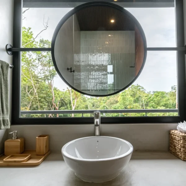 Luxury bathroom with window overlooking jungle views at Manuel Antonio Tree House Villa.