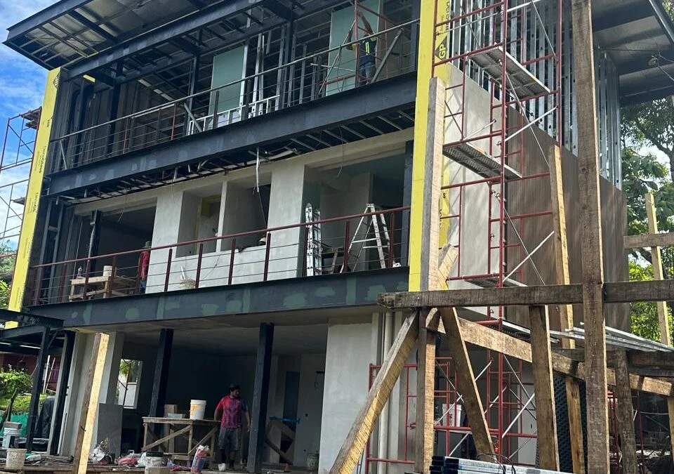 View of the steel frame structure in place for Villa 4, showing the beginning of the second floor at Manuel Antonio Tree House Villas.